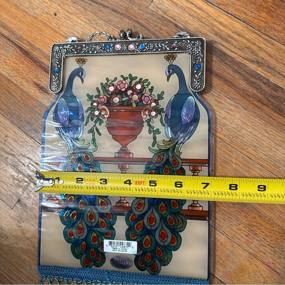 AMIA Stained Glass Peacock Suncatcher Beaded Purse Design Metal Frame Jewels - Picture 5 of 7